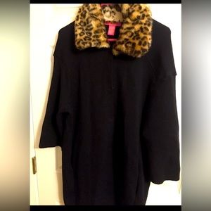 Catherine Malandrino Black Sweater Coat Faux Cheetah Collar Size Small